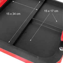 Relaxdays Werkstatthocker bis 100 kg gepolsterter Sitz, 4 Rollen, Montagehocker, schwarz-rot