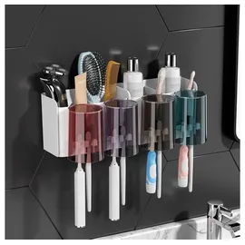 sinbinta Zahnbürstenhalter,Klebstoff Zahnbürstenhalter,Zahnpastaständerhalter mit 4 Tassen + 8 Ablagefächer für Zahnbürstenköpfe