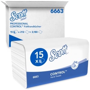 Kimberly-Clark Papierhandtücher SCOTT Control, V-Falz, 22 x 32 cm, 1-lagige Papierhandtücher Scott Control mit AirflexTM-Technologie, 2 Kartons = 30 Päckchen à 212 Tücher