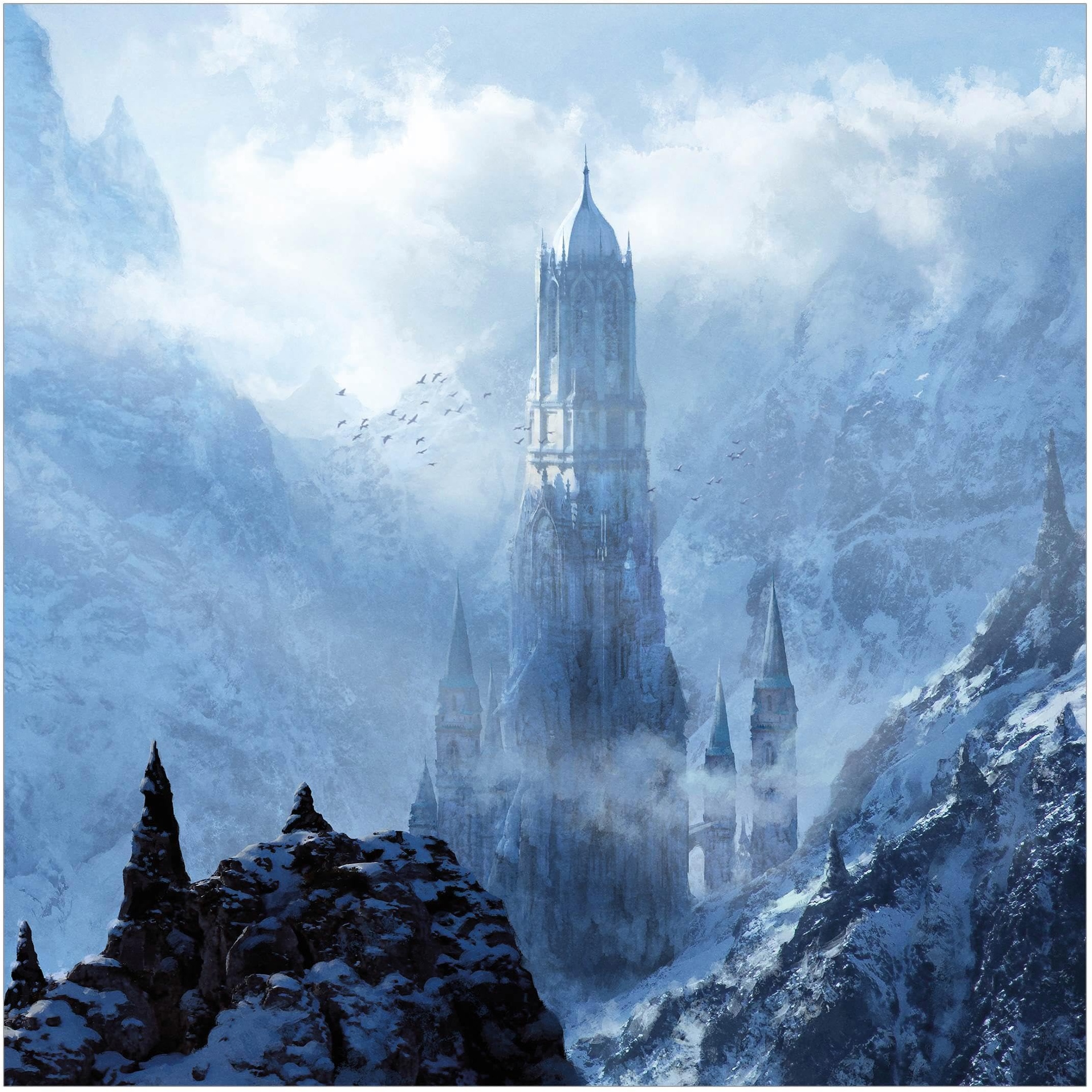 Bilderwelten Fototapete Gaming Fantasy Schloss im Schnee 288 x 288 cm Vlies-Tapete XXL Smart Wandtapete Wanddekoration Wohnzimmer Schlafzimmer