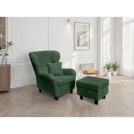 luma-home schönes für dein zuhause Ohrensessel Cordstoff 90 x 98 x 76 cm Grün mit Hocker und Zierkissen