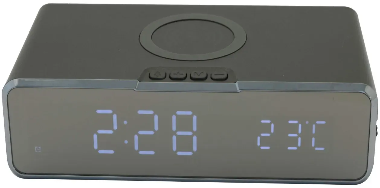Tischuhr mit kabelloser Smartphone Ladefunktion Temperatur Alarm anthrazit