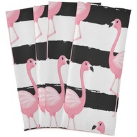 Mnsruu Geschirrtücher mit tropischen Flamingo-Blumen auf schwarz weiß gestreiftem Küchentuch, Geschirrtuch, Geschirrtuch, Geschirrtuch, 4 Stück, super saugfähig, weich, 71 x 46 cm