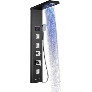 Duschpaneel Schwarz Matt, mit Amatur,Duschpaneel mit LED und Temperaturanzeigen, 5 in 1 Duschpaneel Edelstahl 304, Regendusch, Wasserfall Handbrause