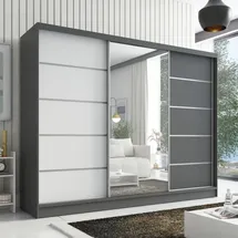 mebloland Schwebetürenschrank AURELIA 1 | 3-türig Schrank 200 cm mit Spiegel / Graphit/ weiß