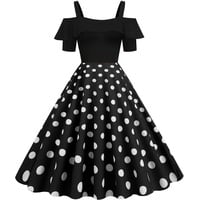 50er Rockabilly Petticoat Kleid Damen Hepburn Tupfen Druck Abendkleid Kurzarm Ballkleid mit Schulterfrei Rüschensaum Sling Cocktailkleid Swing Partykleid A-Linie Abiballkleid - XL