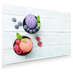 Primedeco Glasbild Wandbild Heidelbeere und Erdbeereis mit Aufhängung, Süsses lila 75 cm x 50 cm