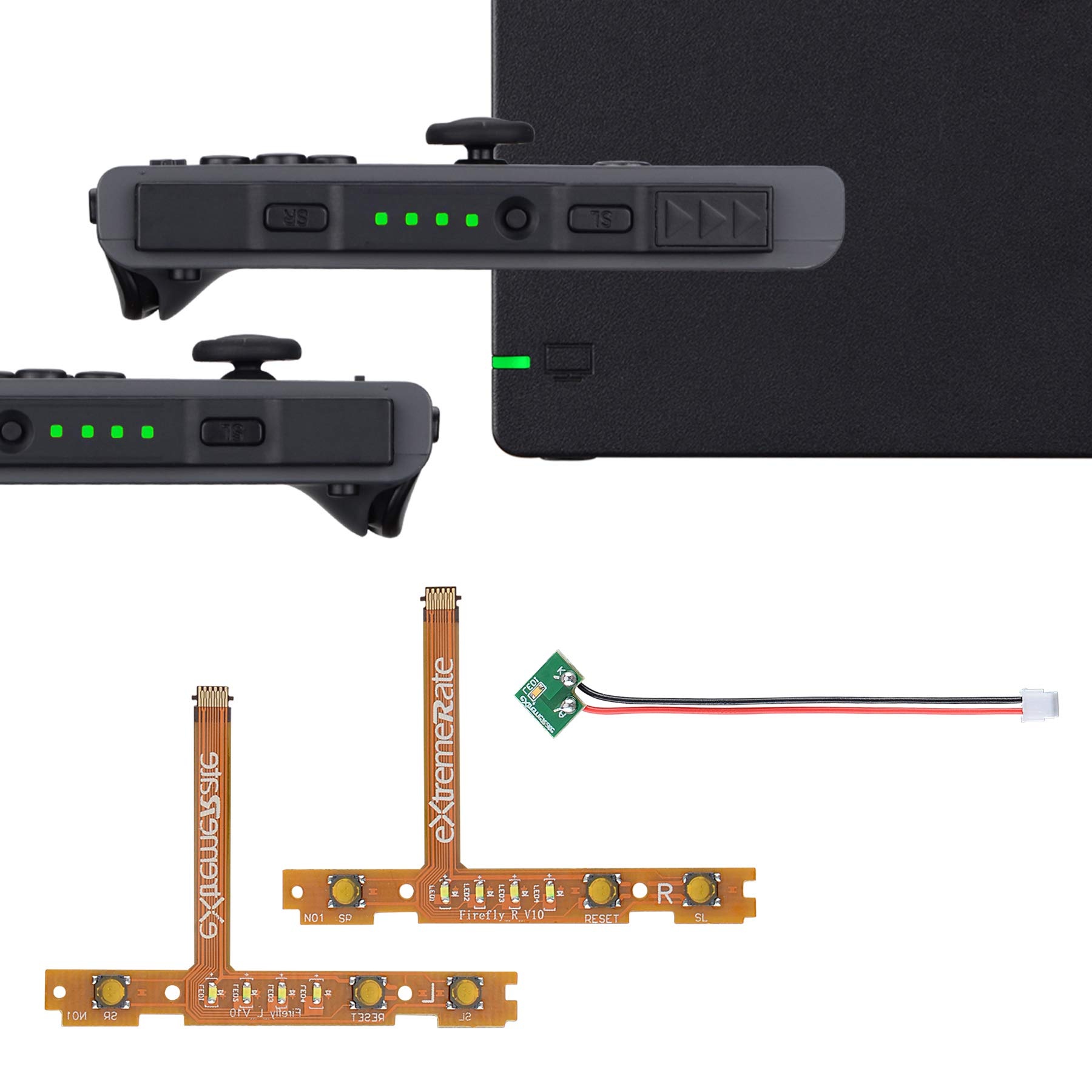 eXtremeRate Firefly LED Tuning Kit Ersatzteile für nintendo Switch Joycons&Switch Dock,NS Joy con SL SR Tasten Ribbon Flex Kable LED Anzeige Leuchte Power-LED Strips(Grün)-Joycons Dock Nicht enthalten