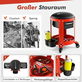 Costway Werkstatthocker Kunstleder rot 150 kg belastbar mit 2 Schubladen und Rollen