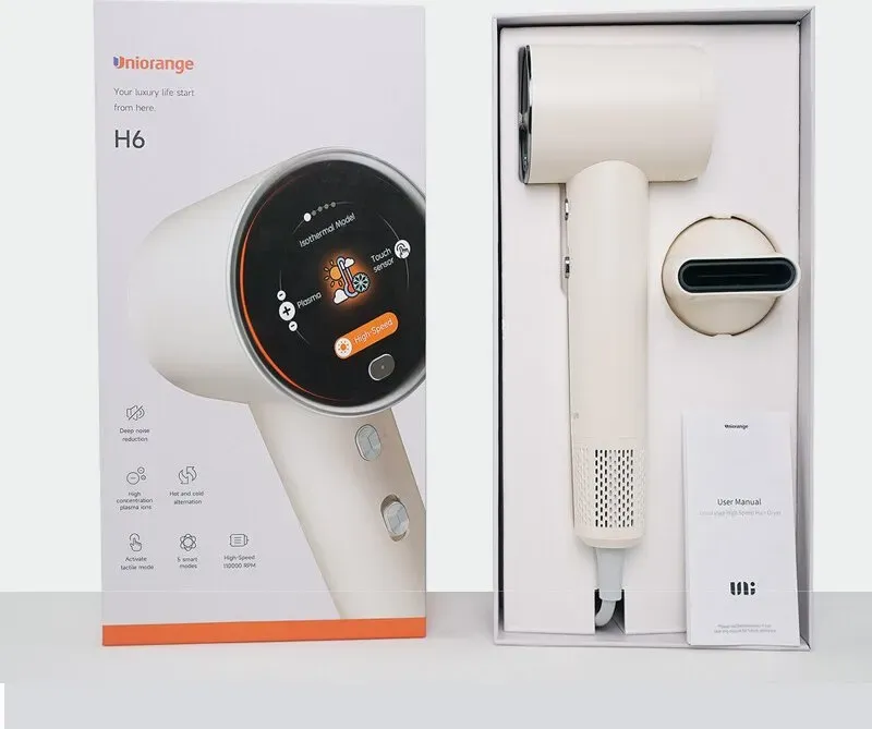 Uniorange H6 Plasma Highspeed-Haartrockner (Mondweiß), HD-LCD-Bildschirm, 5 intelligente Modi, 1600W Leistung und 1 Milliarde Plasma-Ionen, 110.000 U/min Highspeed-Motor, trocknet 5-mal schneller