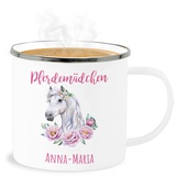 Emaille Becher Blechbecher - Pferd Pferde - Reiten Mädchen Namen - Pferdemädchen - 300 ml - Weiß Silber - name tasse pferdetassen kinder pferdeliebhaber trinkbecher personalisiert. pferdefan