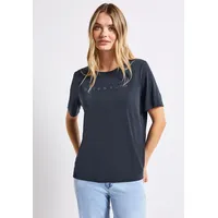 STREET ONE T-Shirt STREET ONE, Damen, Gr. 34, blau (deepwater blau), Stoff, 70% Modal, 30% Polyester, unifarben, normal normal, Rundhals, abgesteppt, Shirts T-Shirt, mit Wording