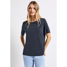 STREET ONE T-Shirt STREET ONE, Damen, Gr. 34, blau (deepwater blau), Stoff, 70% Modal, 30% Polyester, unifarben, normal normal, Rundhals, abgesteppt, Shirts T-Shirt, mit Wording