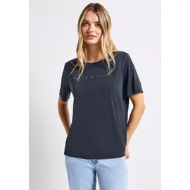 STREET ONE T-Shirt STREET ONE, Damen, Gr. 34, blau (deepwater blau), Stoff, 70% Modal, 30% Polyester, unifarben, normal normal, Rundhals, abgesteppt, Shirts T-Shirt, mit Wording