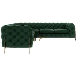 s-style möbel - Chesterfield Ecksofa Nova mit Goldene Metall Füßen aus Flasche Grün Samtstoff, B/T/H: 264 cm/ 264 cm/ 75 cm - Grün