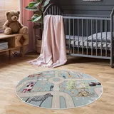 Pasha Home Kinderteppich 100 cm Rund Zoo/Kinder Spielteppiche aus Polyester- & Flanellfasern/Teppiche fürs Kinderzimmer antirutsch & schmutzabweisend/Spielteppich Zoo waschbar