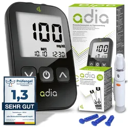 adia Blutzuckermessgerät (mg) inkl. 60 Teststreifen, 10 Lanzetten, 1 Stechhilfe, 1 Etui