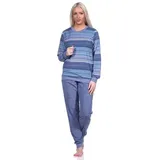 Normann Pyjama Damen Frottee Schlafanzug mit Bündchen in elegantem Streifendesign blau 36/38