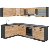 Vicco Eckküche Rick, Anthrazit/Goldkraft Eiche 267 x 167 cm Küchen Schränke Spülenunterschrank Eck-Unterschrank Eck-Hängeschrank Arbeitsplatte Küchenmöbel Küchenzeile L-Küche