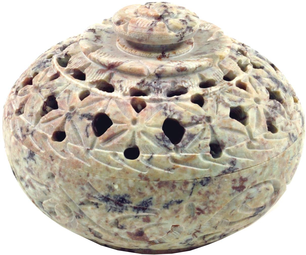 GURU SHOP Indischer Räucherstäbchenhalter, Potpourri Schale aus Speckstein - Schale India, Beige, 6x7,5x7,5 cm, Räucherstäbchen Halter