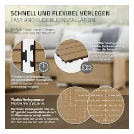 ECD Germany WPC Terrassenfliesen 30x30 cm/22 Stück=2m2, Teak geriffelt, Holzoptik, Bodenbelag mit Klicksystem und Drainage, Terrassendielen Balkonfliesen,