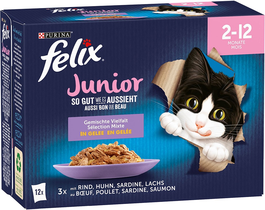 48 x 85 g Felix "So gut wie es aussieht" Junior Pouches 2-12 monate Huhn, Rind, Lachs, Sardine Katzenfutter Nass