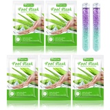 Fußmaske, 5 Paar Aloe Vera Fuß Peeling Maske, 2 Badesalz, Hornhaut entfernen fuß Maske, Fußmaske Socken Feuchtigkeitspendende für Trockene und Rissige Füße, Foot Spa für Männer und Frauen