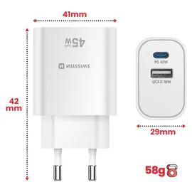 Swissten Edge GaN 1x USB-C PD 45W + 1x USB-A 18W QC Weiß
