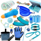 Welpen-Starter-Set für kleine Hunde – 26-teiliges Hundespielzeug, Halsband, Leine, Welpen-Training, Cilcker, Leckerlibeutel, Kotbeutel mit Spender, Decke, Fellpflegehandschuh, Zahnbürste, ID-Tag usw