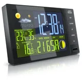 BEARWARE Funk, mit Farbdisplay, Wireless Funksensor/Außensensor, DCF Funkuhr Wetterstation (mit Außensensor, Thermometer, Mondphasen, Luftfeuchtigkeit, Wettervorhersage usw) schwarz