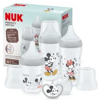 NUK Perfect Match Babyflaschenset | Ab 0 Monate | Passt sich dem Baby an | 3 Anti-Colic-Babyflaschen und Space-Schnuller | BPA-frei | Disneys Micky Maus | 4 Stück