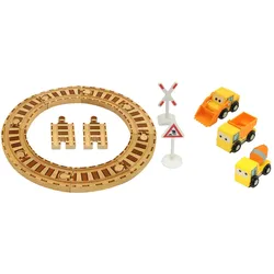 Holzauto Set Baufahrzeuge mit Holzbahn Bauschild und Kreuz