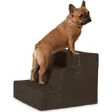 VELORA H&L Hundetreppe 3 Stufen Dunkelbraun - Stabile Holzkonstruktion mit Veloursbezug, rutschfeste Hundetreppe für Sofa und Bett, Haustiertreppe für Hunde und Katzen, Belastbar bis 80 kg