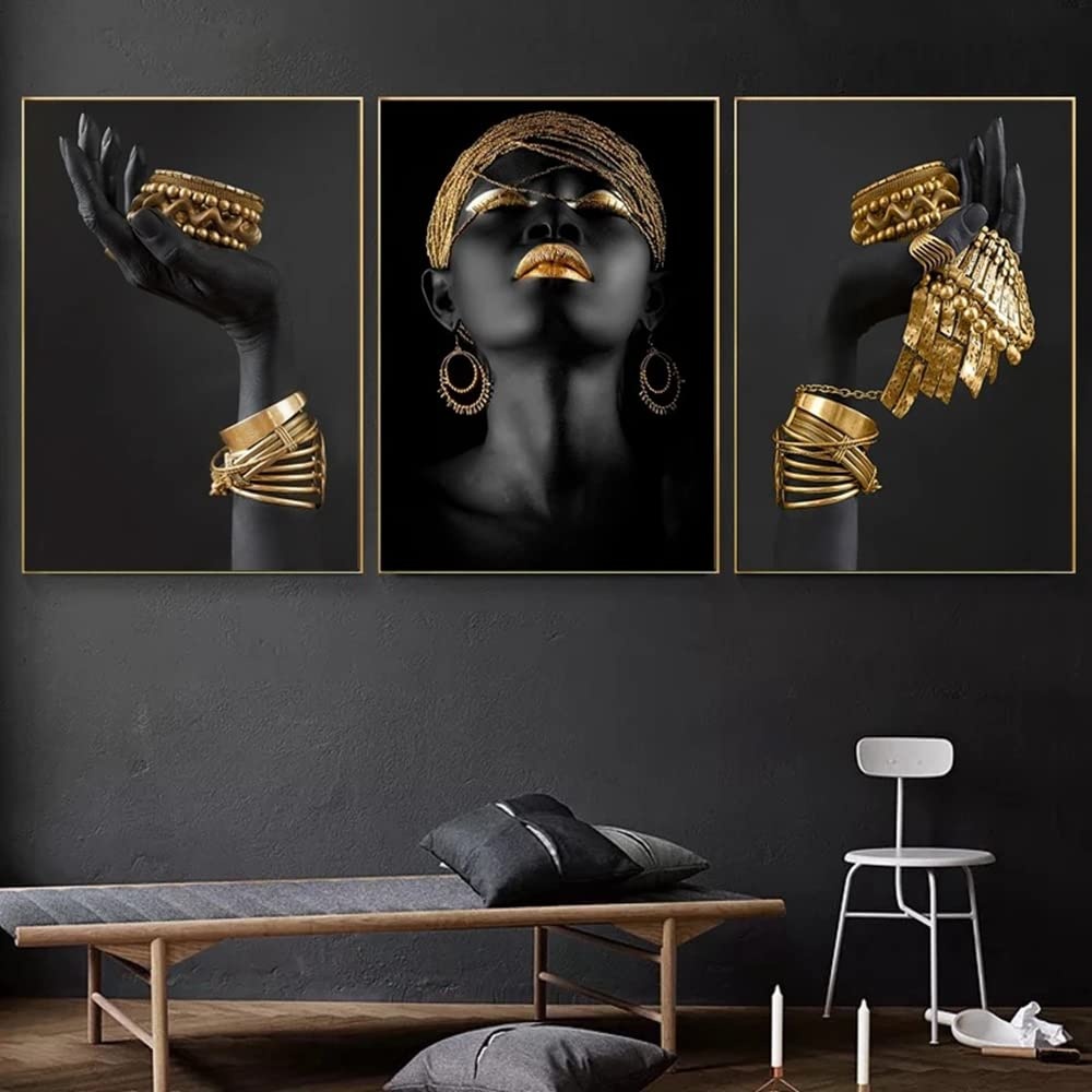 JLCZBT Wohnzimmer Wandbilder Schwarz Gold Leinwand Afrikanische Frauen Bilder Auf Leinwand Gold Lippen Poster Schwarz Frau Bild Kein Rahmen (30x40cm)