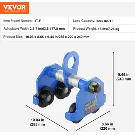 Vevor Laufkatze 1000 kg Tragkraft Rollfahrwerk mit Doppelrädern, einstellbar für I-Trägerflanschbreite 63,5 bis 177,8 mm