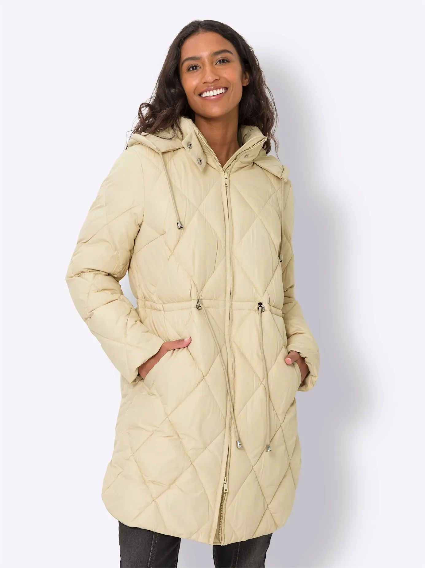 Steppmantel HEINE, Damen, Gr. 40, beige (sand), 100% Polyester, unifarben, unifarben mit Farbeinsatz, unifarben mit Farbeinsätzen, Mäntel