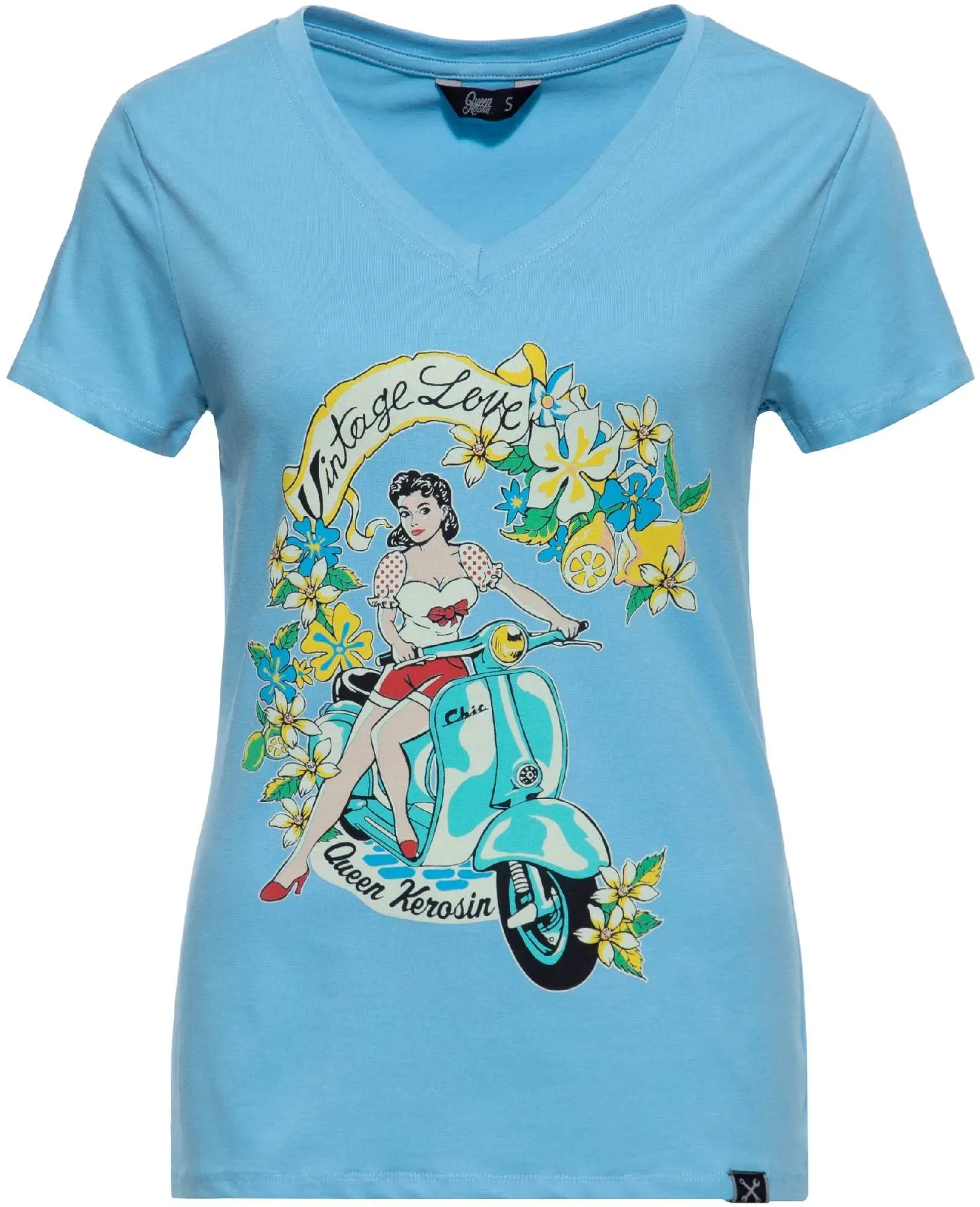Queen Kerosin Vintage Love Dames T-Shirt, blauw, XS Voorvrouw