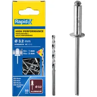 Rapid Blister 50 Nieten, Ø3,2x6mm. Alu Ø Bohrer, 5001528 Rapid