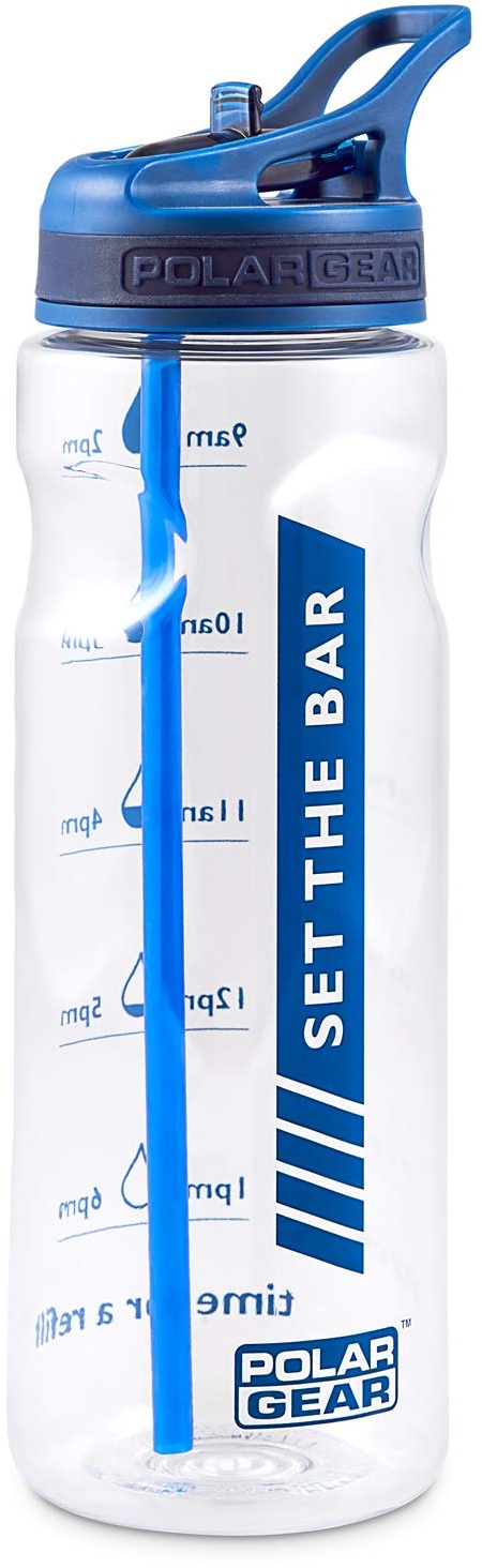 Polar Gear 750 ml Tracker-Wasserflasche mit Strohhalm – BPA-freie, wiederverwendbare Wasserflasche mit Zeitmarkierungen – Laufwasserflasche perfekt für Fitnessstudio, Radfahren und Arbeit – Marineblau