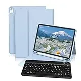 GKABXY Hülle mit Tastatur für iPad 11/10 Generation, 11/10,9 Zoll (2025/2022), Flexibles TPU Hülle mit Stifthalter, QWERTZ Layout, Magnetische Abnehmbar Bluetooth Tastatur für iPad A16, Hellblau