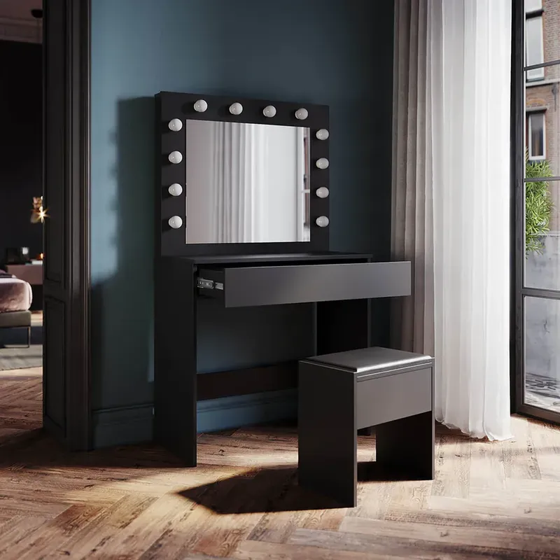 SONNI Schminktisch mit Hocker und Spiegel, Schminktisch mit Schubladen aus MDF und Massivholz, einfache Montage