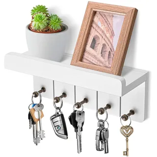 Kldgris Schlüsselbrett mit Ablage, Schlüsselbrett Holz Weiß, Dekoratives Wandregal mit 5 Schlüsselhaken, Wand Schlüsselboard für Eingangsbereich, Flur, Küche, Schlafzimmer