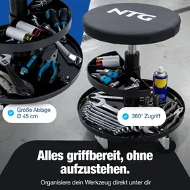 NTG Rollhocker Höhenverstellbar bis 55 cm – Werkstatthocker bis 100 kg mit 5 Rollen & Ablageschale – Drehhocker Werkstatt