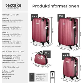 Tectake tectake® Hartschalenkoffer-Set, Cleo 4-teilig, 3 Trolleys, 1 Beauty Case inkl. Kofferwaage und -anhänger - Rot