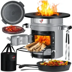 KESSER® Raketenofen Inkl. Grillpfanne aus Gusseisen mit Tragetasche, Dutch Oven BBQ Rakete Holzofen Camping Campingkocher Campinggrill, Edelstahl