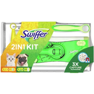 Swiffer 2in1 Kit, 1 Bodenwischer + 8 Trockene Bodentücher Und 1 Staubmagnet + 1 Tuch, Ideal Für Tierbesitzer