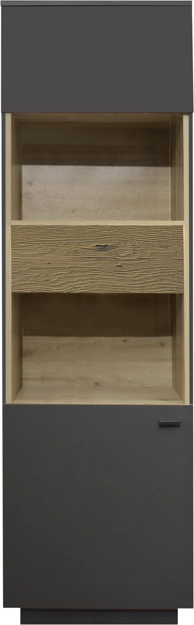 Standvitrine MÄUSBACHER, anthrazit matt lack nb, eiche massiv geschruppt, B:60cm H:196cm T:45cm, Holzwerkstoff, Schränke, Standvitrine, Standvitrine, BHT 60/196/45 cm, inkl. Griffbeleuchtung, Türdämpfung