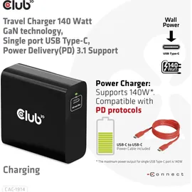 Club 3D Reise Ladegerät PPS 140W GAN, USB Typ-C Power Delivery (PD) 3.1