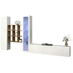 Dmora Ausgestattete Wand Dcapann, 3-türiges TV-Ständer-Wohnzimmerset mit LED-Licht, 100 % Made in Italy, 310 x 30 x 180 cm, glänzendes Weiß und Ahorn,
