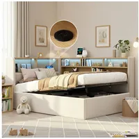 Odikalo Schlafsofa Schlafcouch 90x200 140x200 140x190, mit Bettkasten LED und USB, mit hydraulischem Stauraum, Polsterbett, Tagesbett, Schlafsofa mit LED, USB & Rückenlehne, Samt beige 90 cm